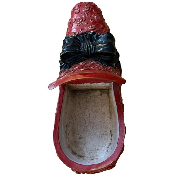 RARE! Vtg Ornate Red Plaster Shoe Planter Frilly Black Bow, Roses & Gold Accents - Picture 10 of 15
